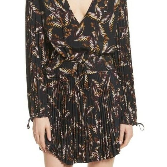 A.L.C. Rory Pleated palm leaves Retro Miami Cocktail V-neck Silk Mini Dress - Picture 3 of 16